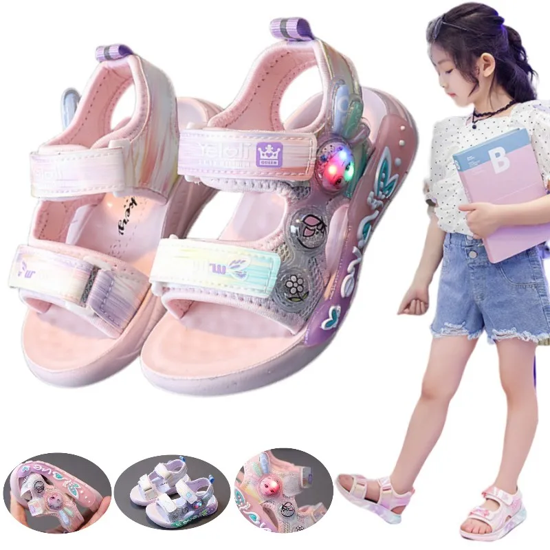 Malá princezná karikatúra Sandal Summer Seaside Soft Sole Svetlo osvetlenie dieťaťa žiariace svetelné topánky pre chlapcov dievčatá prvý chodec