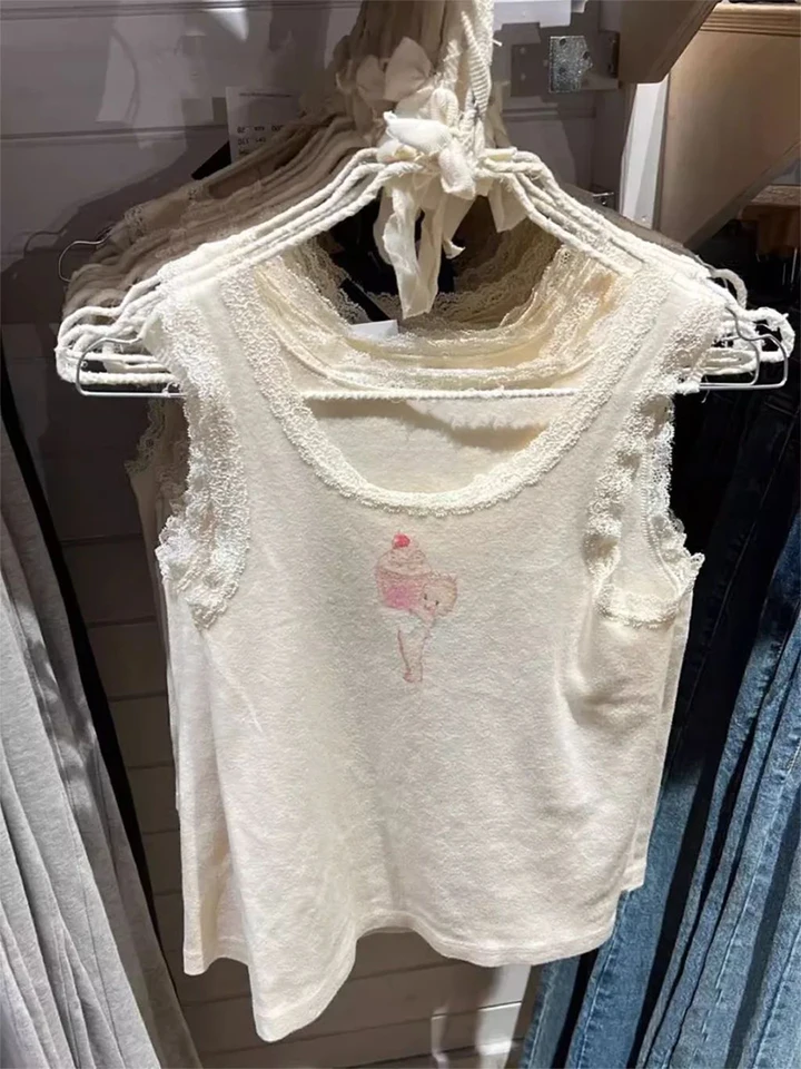 Malé anjelské dieťa bozkávanie Tlačové topánky Tops Women Dámske bez rukávov čipkované čipky bavlnené vesty sladké roztomilé vinobranie streetwear y2k plodina Top Lady