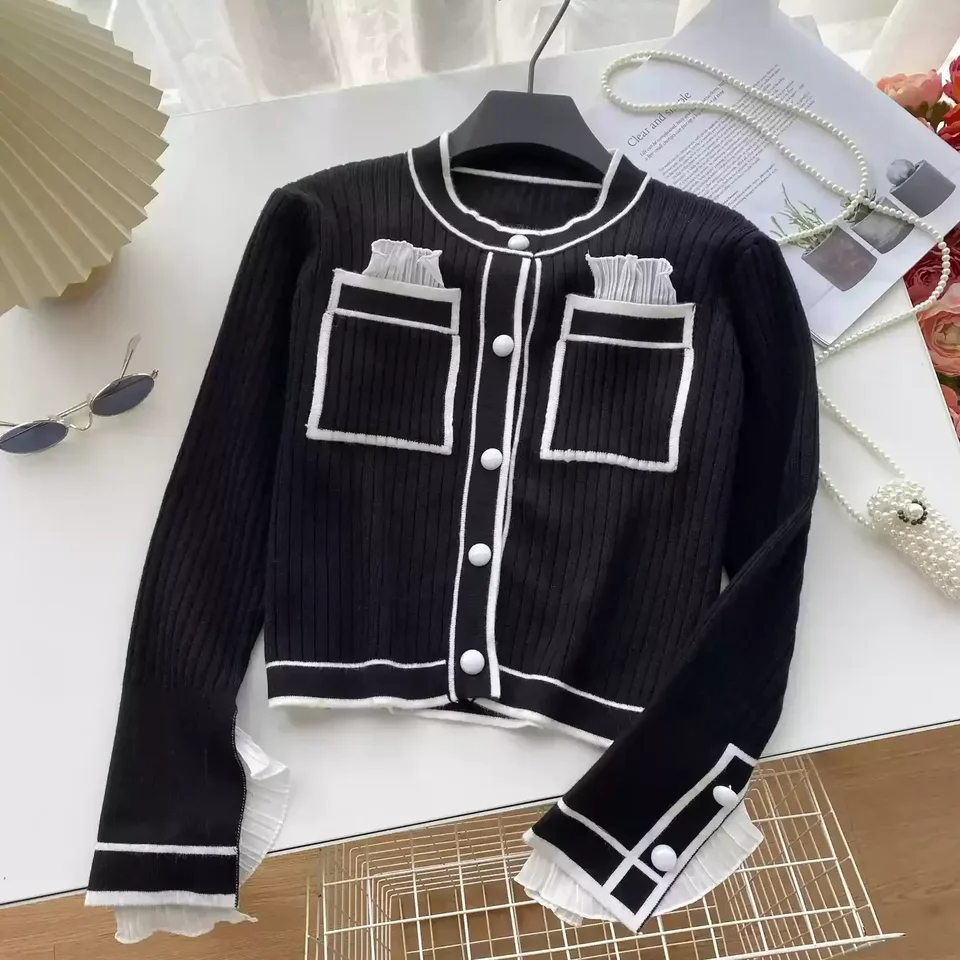 Malé vôňu kontrast pletená sveter s mležou drevené uši lem patchwork Mardigány kórejské vintage elastické svetre