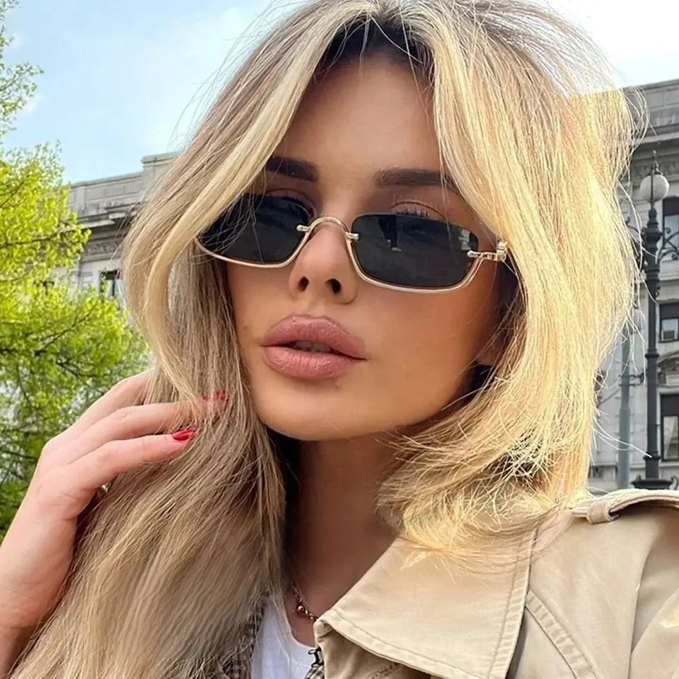 Malé štvorcové slnečné okuliare Ženy Kovové polovičné rámy Slnečné okuliare Vintage odtiene Trendy úzke hip hopové okuliare cyklistické slnečné okuliare