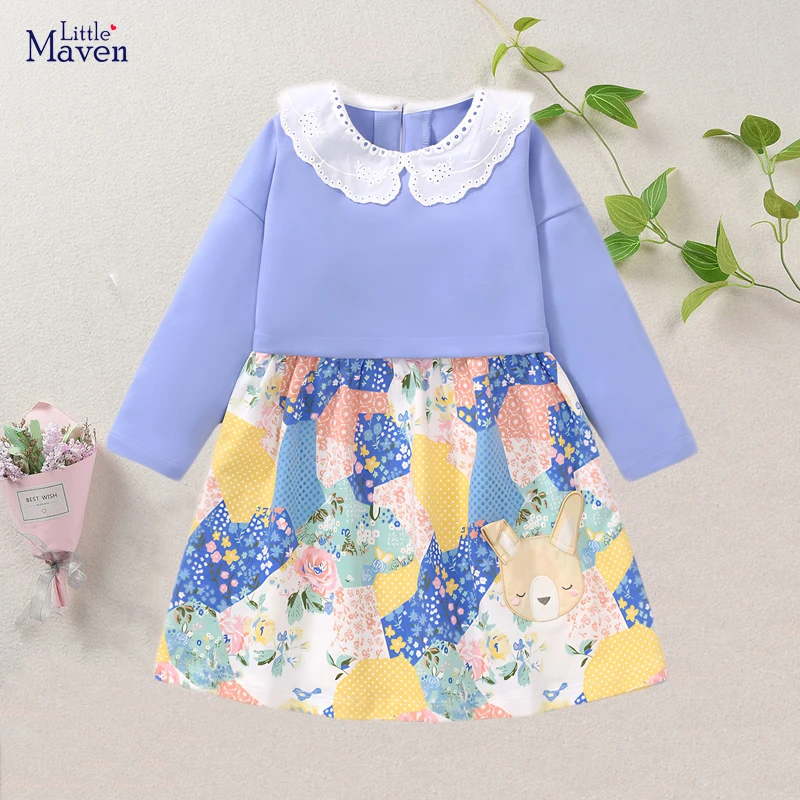 Malý maven christams Deer Girls Dievčatá s dlhým rukávom šaty Peter Pan Collar Lace Blue Charistmas Party šaty pre deti oblečenie