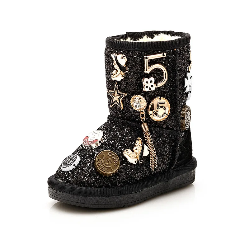 Mama a ja módne deti lesklé ug-gy s odznakom Varanca Jimmy Avenue Multisign Lucky Black Snow Flitry Boots