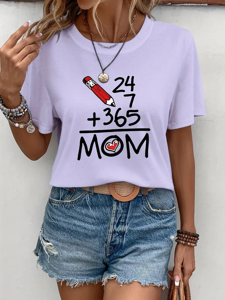 Mama Letter Print Crew Neck Dámske tričko Tričko Príležitostné roztomilé krátke rukávy Denné top dámske oblečenie