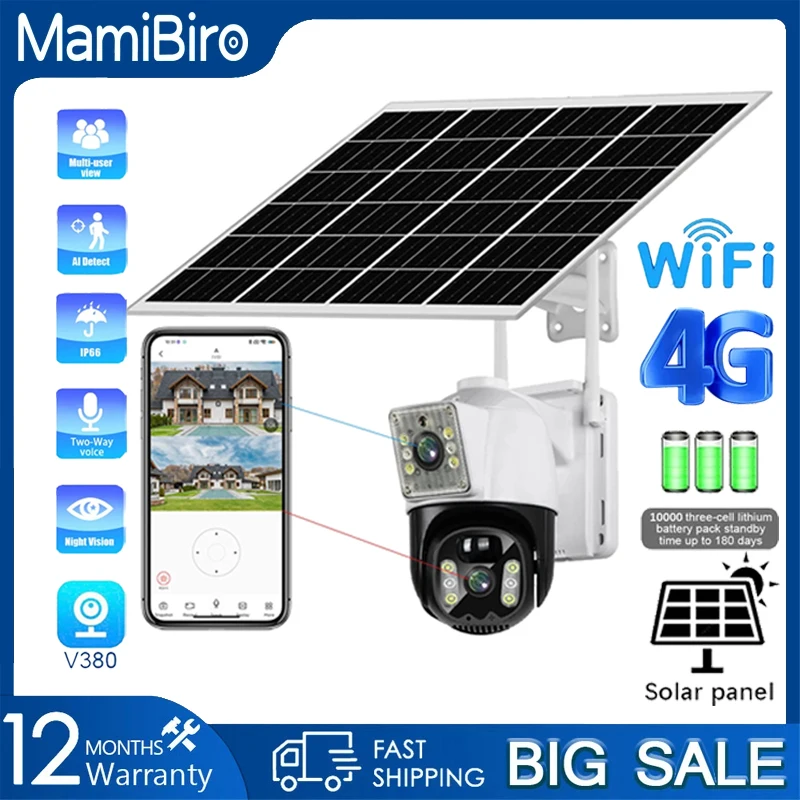 Mamibiro V360 PRO 4G SIM karta Solar CCTV Camera PTZ Outdoor Wireless 4K 8MP CLETENÁ FARBA BIDSIRECTION CLAC CCTV Security Camera