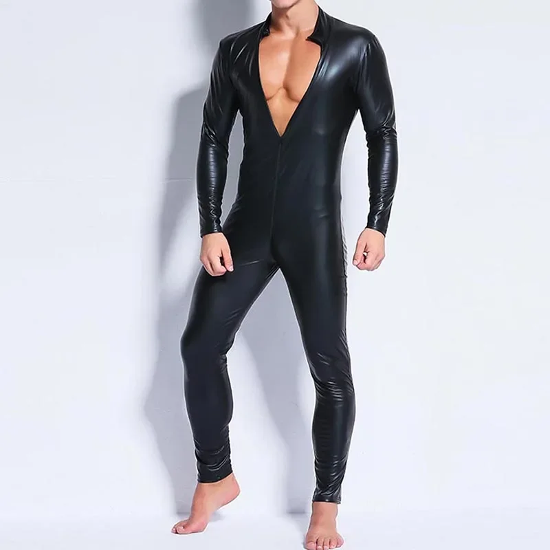 Man kožená latexová kapsuty BodySuit Black Leskiny erotický s dlhým rukávom Bodyzuits Zentai Front Open Crotch Zipper Sexy mužská kombinéza