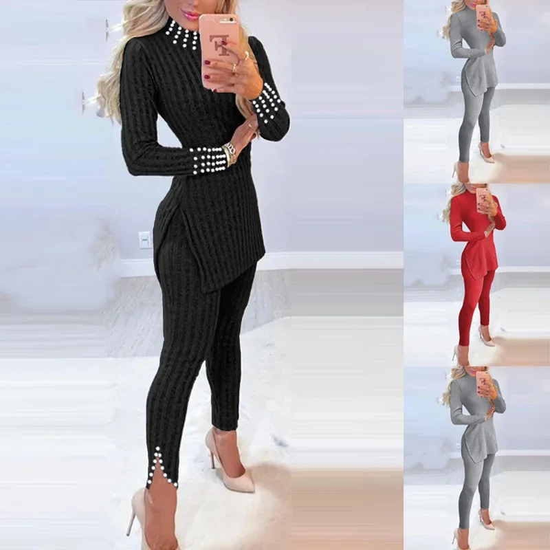 Mandylandské módne nohavice Panty Suading Ruading zdobené rozdelené top + nohavice Ženy 2 kusové súpravy oblečenie s dlhým rukávom