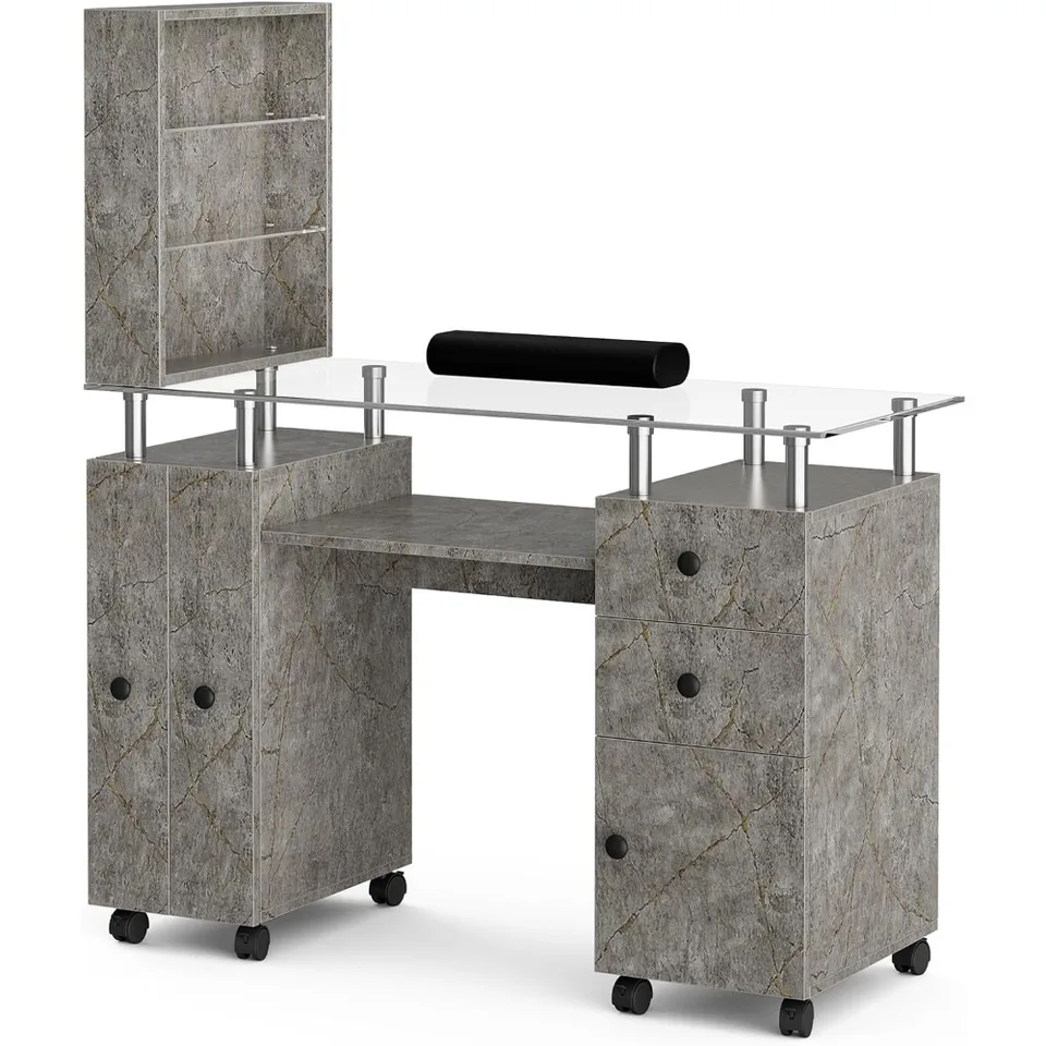MANICURE TABLE KIT DASK pre nechtovú techniku, sklenený horný stolík na nechty Mrablova textúra s zásuvkami a otvorenými policiami