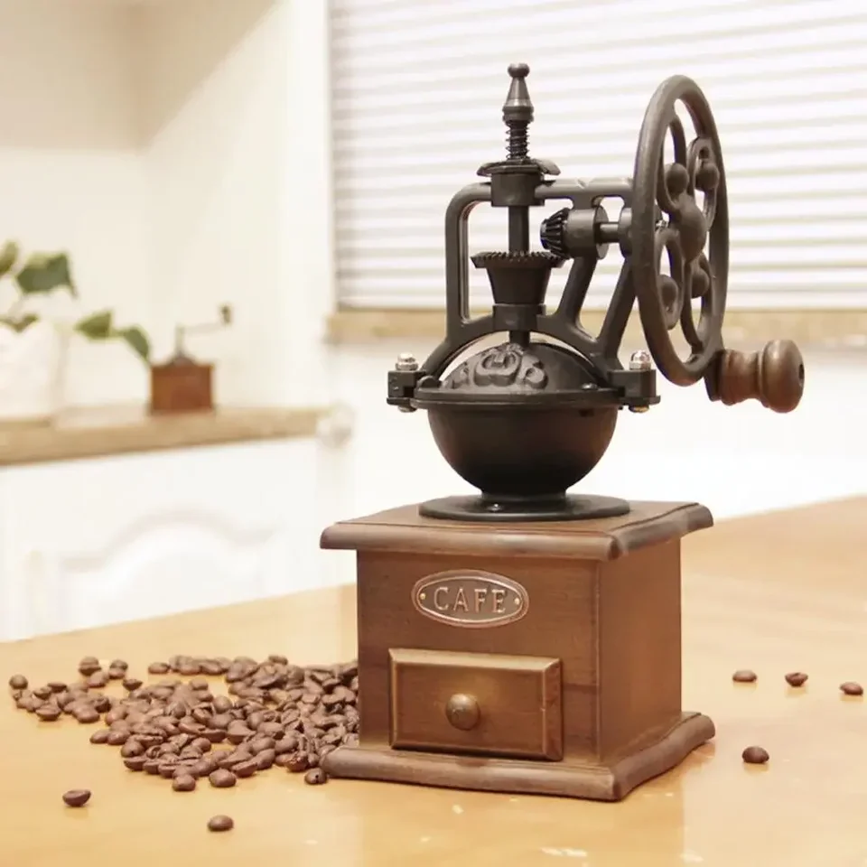Manuálna kávová mlynček kuchyňa retro štýl Drevené fazule mlyn mlyning brinding ferris dizajn kolesa vinobranie kávové výrobky brúsky