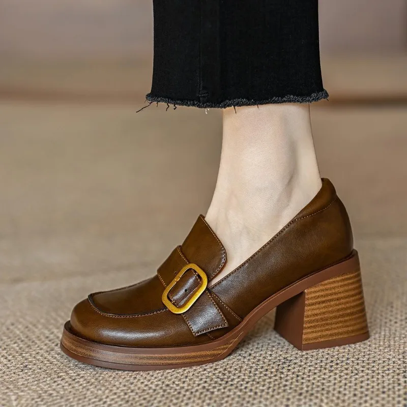 Maogu 2023 Nový hustý vysoký štýl College Casual Loafers Čierne kožené módne čerpadlá Dievčatá topánky Ženy Ženy Britský štýl