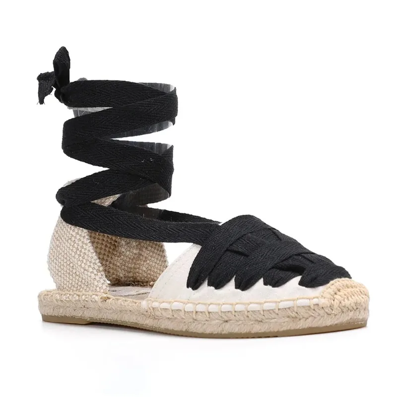 Maogu 2024 Nové konope ploché topánky pre ženy Pohodlné luxusné sandálové letné letné okrúhle prsty čierne šnurovanie dámske espadrilles sandále 42