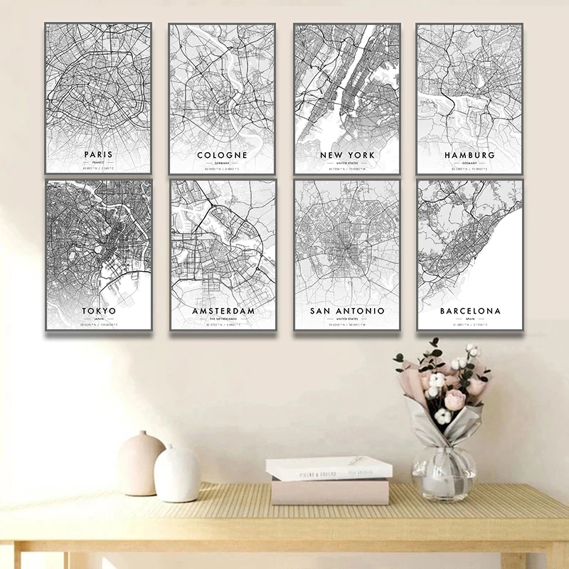Mapa bieleho mesta Paríž New York Viaceré rôzne mestá plagát Canvas maľba nástenné umenie Obývacia izba Štúdium domáci dekor
