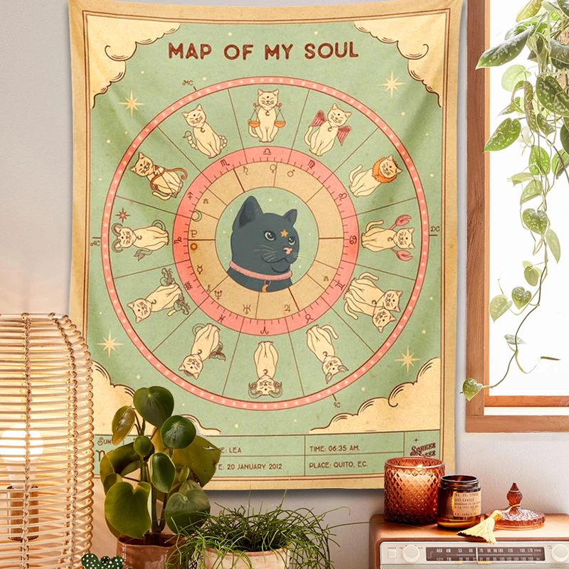 Mapa tapisérie mapy mojej duše Tarot konštelácie kolesa Zodiac astrológie retro bohémska obývacia izba Domáca koľaj