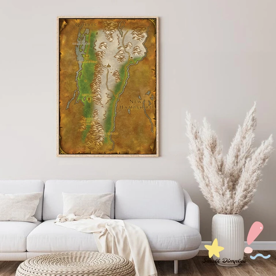 Mapa Vermont World of Warcraft Style MAP Game Plagát Canvas Art Print Home Decoration Wall Maľba (bez rámu)