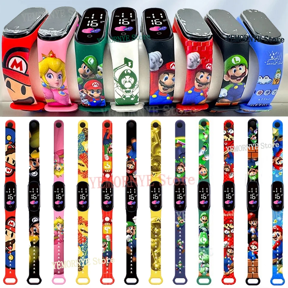 Mario Bros Detské hodinky Akčné figúrky Luigi princezná broskyňa Yoshi Bowser Kids Sport Witerpband Witerproof Digital Watch Toy