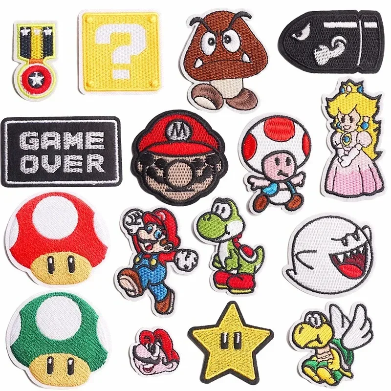 Mario Luigi Yoshi vyšívané záplaty Super Mario Bros Cartoon Games Anime Figures DIY Patches Aplikácie Termálne nálepky Darčeky
