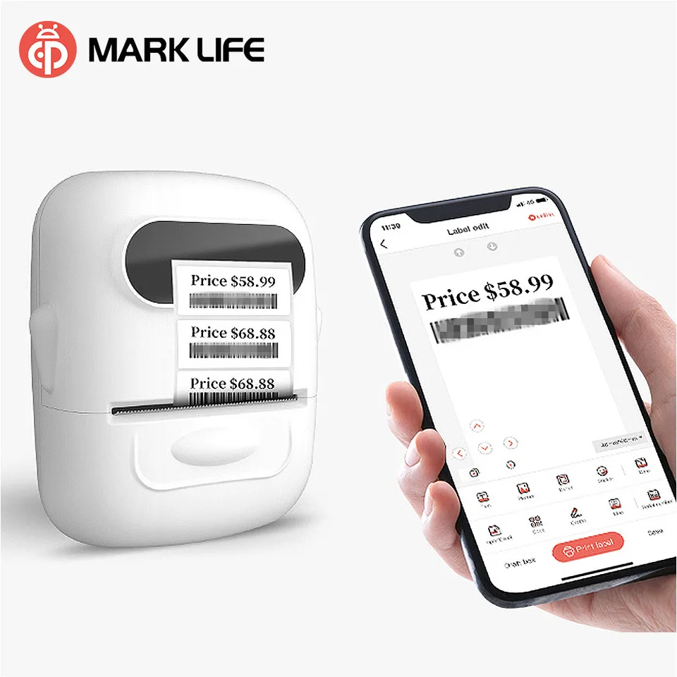 MarkLife P50 Mini prenosné Bluetooth Thermal Label Printer pre adresy odevné šperky maloobchodné čiarové balíky Kompatibilné telefóny kompatibilné