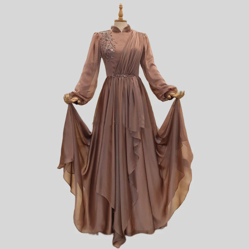 Marocká kaftan moslimské večerné šaty A-line dlhé rukávy šifónové aplikácie korálkové dubajské arabské arabské abaya islamské šaty prispôsobené