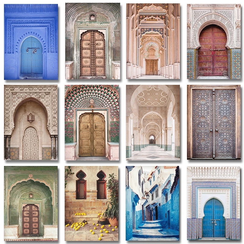 Marocké dvere Indické dvere nástenné umenie plátno maľba maľba maľba architektúry Marrákeh architektúra boho islamská nástenná umenie
