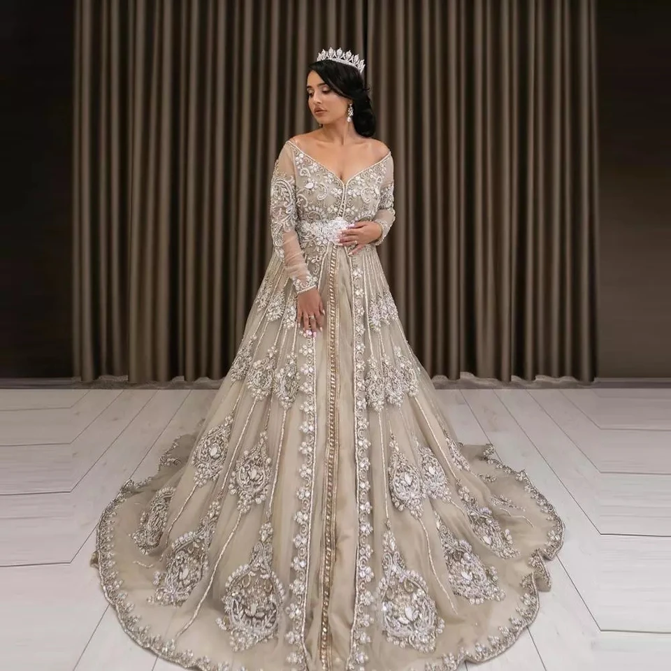 Marocký kaftan kaftan moslimské večerné šaty A-line dlhé rukávy Tylové korálky guľôčky Dubaj Arabské abaya islamské šaty prispôsobené