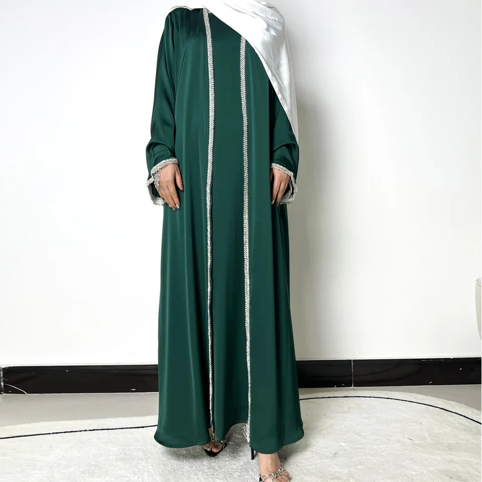 Marocký kaftan luxus 2025 saténové ženy s dlhým rukávom 4ks šaty Diamonds Otvorené kimono abaya so šálmi moslimskými súpravami ramadánske šaty