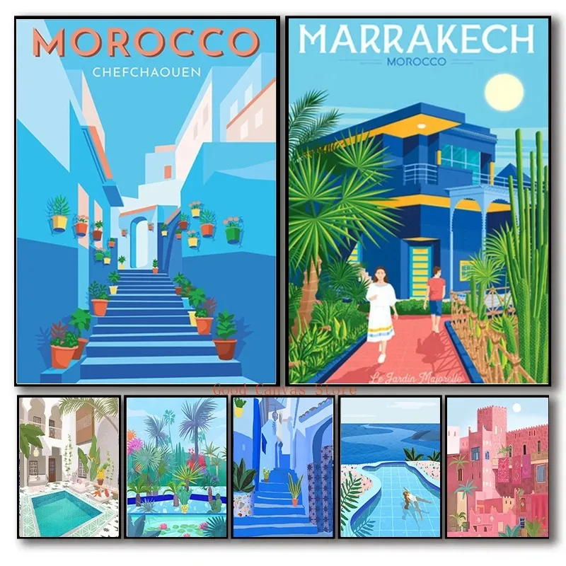 Maroko Marrakech Travel Plaghts Street Artwork Canvas Painting Retro Print Wall Art Moderné obrázky pre obývaciu izbu Domovod