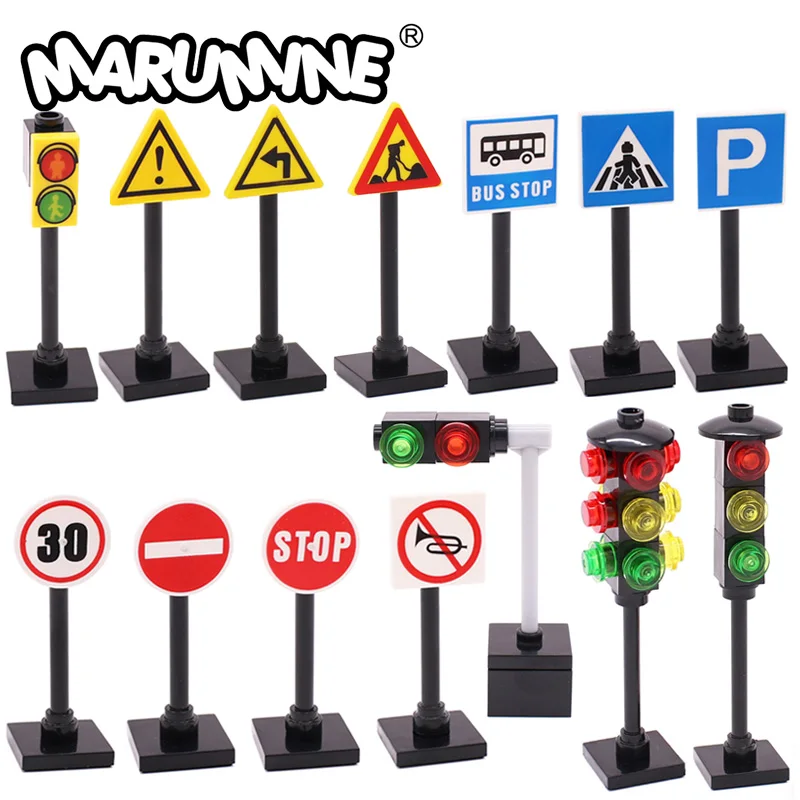 Marumine Traffic Road Sign Light Lamp MOC Block Block Parts City Street Výhľad na budovu Kúbok Bariérová rýchlosť Limit Varovanie