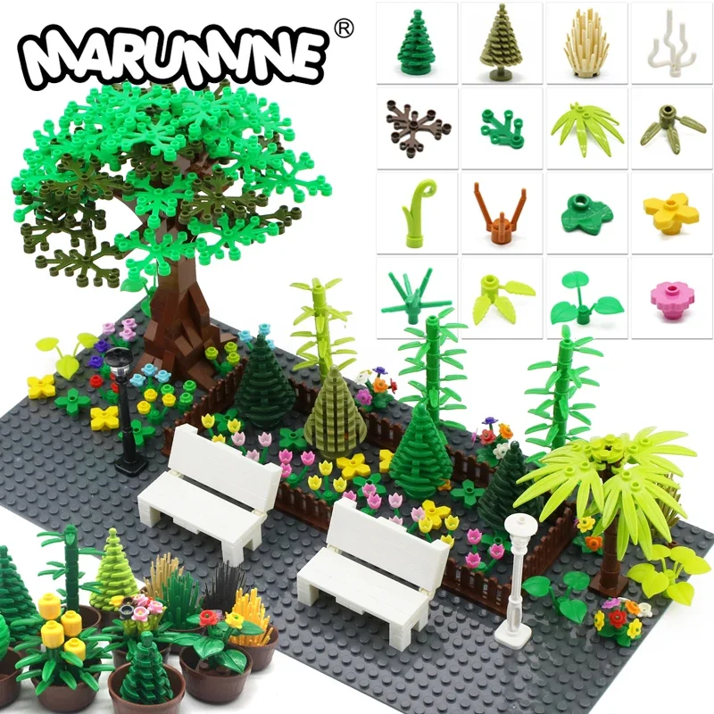 Marumine Tree Plant Doplnky záhradné diely stavebné bloky kvetinová zelená tráva bush listová džungľa DIY MOC Idea tehly 6064 2471