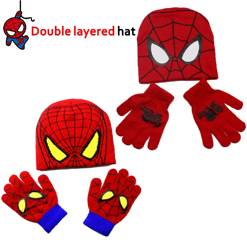 Marvel Movie Spider-Man Cap and Rukavice pre chlapcov, mäkký pletený klobúk, teplý päťprstový rukavicový rukavica, Kid Winter, 2 ks