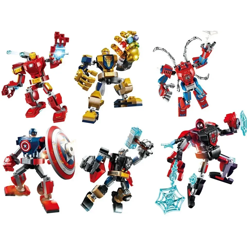 Marvel Spiderman Avengers Heroes Mech Action Model Zhromaždené stavebné bloky chlapci bojujúce vložku Model blokuje detskú hračku