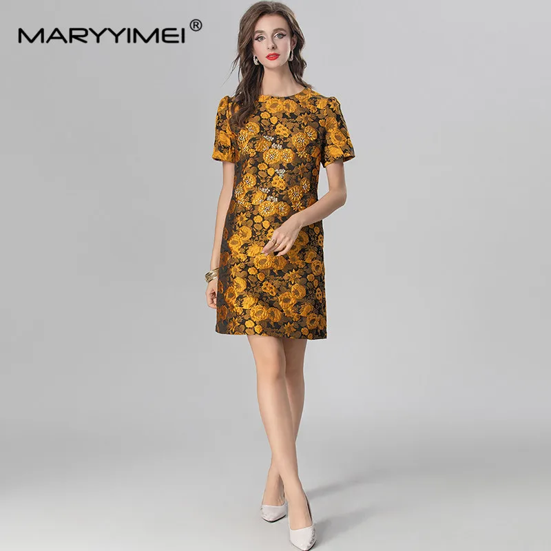 Maryyimei Fashion Design letné dámske šaty Jacquard Beading Crystal s krátkym rukávom High Street Orange Mini šaty