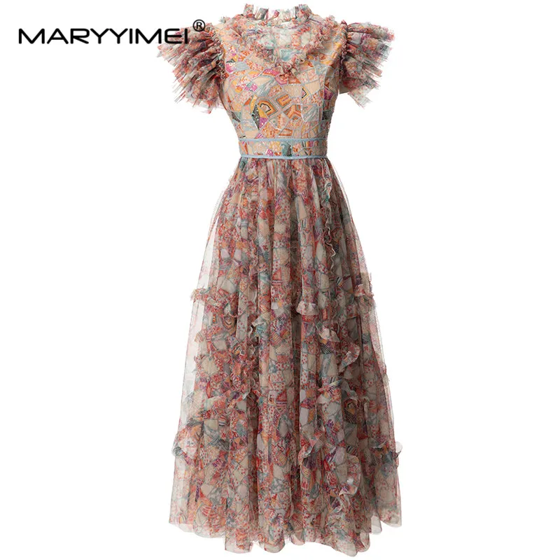 Maryyimei Fashion Designer Jarné letné letné dámske stánkové goliere flitry Zostrihajú štíhle tlačené veľké swing šaty
