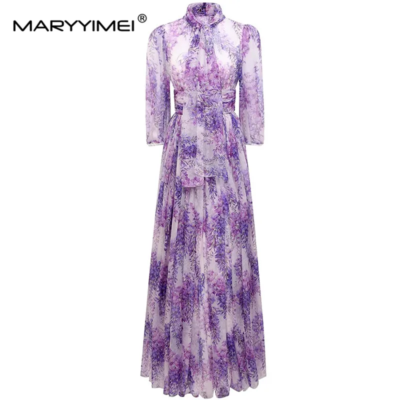 Maryyimei Fashion Summer Dámske šaty šatový golier polovičný rukáv Wisteria Flower Floral-Print Elegantné sviatočné šifónové šaty