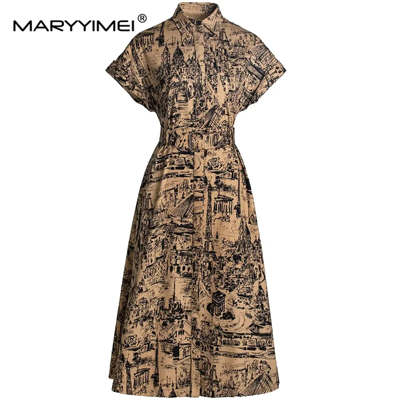 Maryyimei Summer Dámske šaty Tustané obojok s krátkym rukávom s jednostrannou bavlnenou vintage tlače čipky šaty
