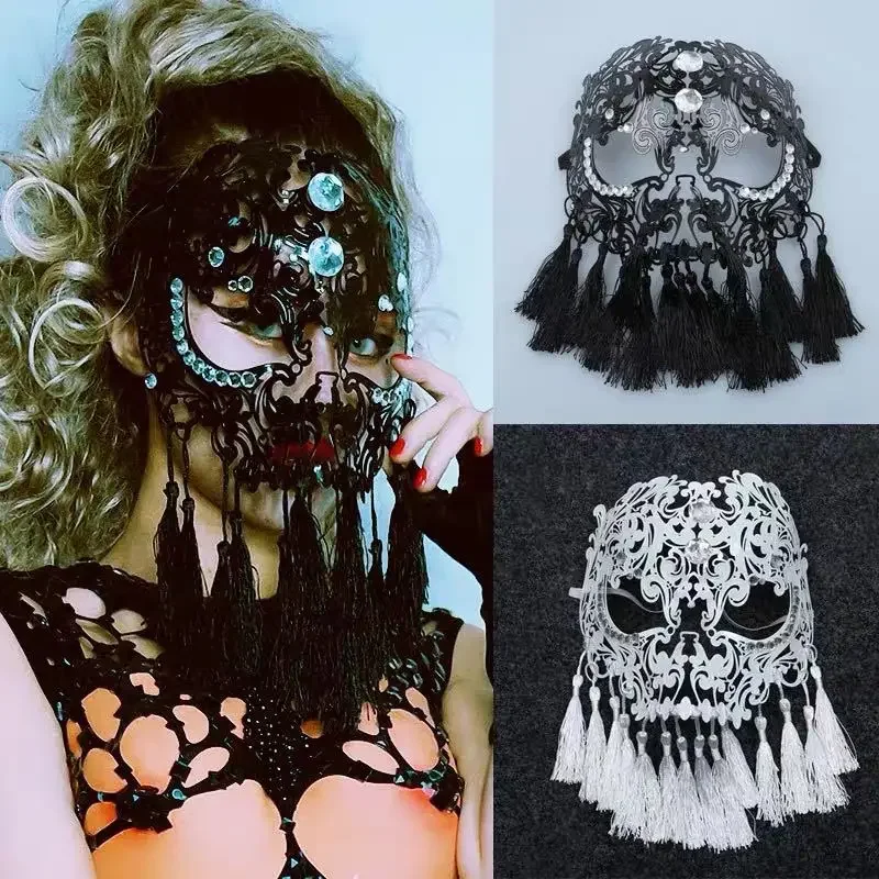 Maska s plnou tvárou kovové kované kované železo Diamond Fringed Bar DJ Maškaráda Party čierna