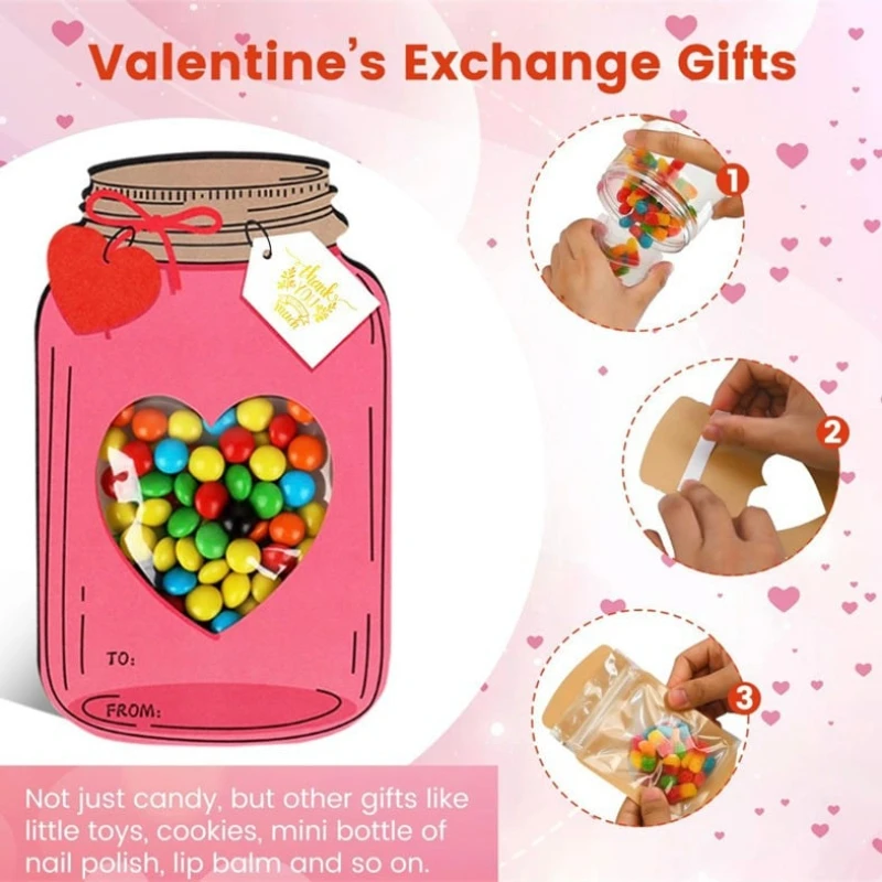 Mason Jar Happy Valentines Day Cards Happy Valentín Darček pre deti pre deti Crafts Art Party (Candy nie je v cene) 50 set