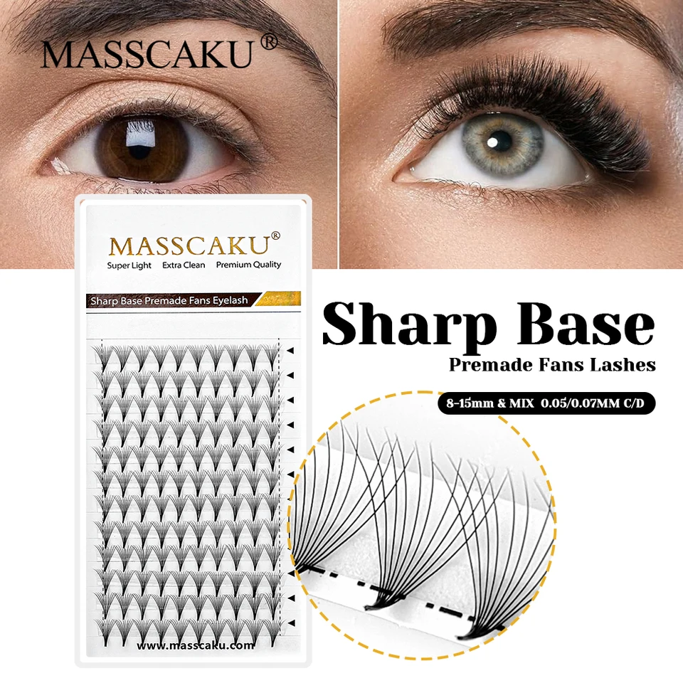 Masscaku CD Curl Dlhodobý 14/16D tenké koreňové špicaté riasy 8-15 mm mix Veľkosť ostré základne Premade Fans Lash for Beauty Salon