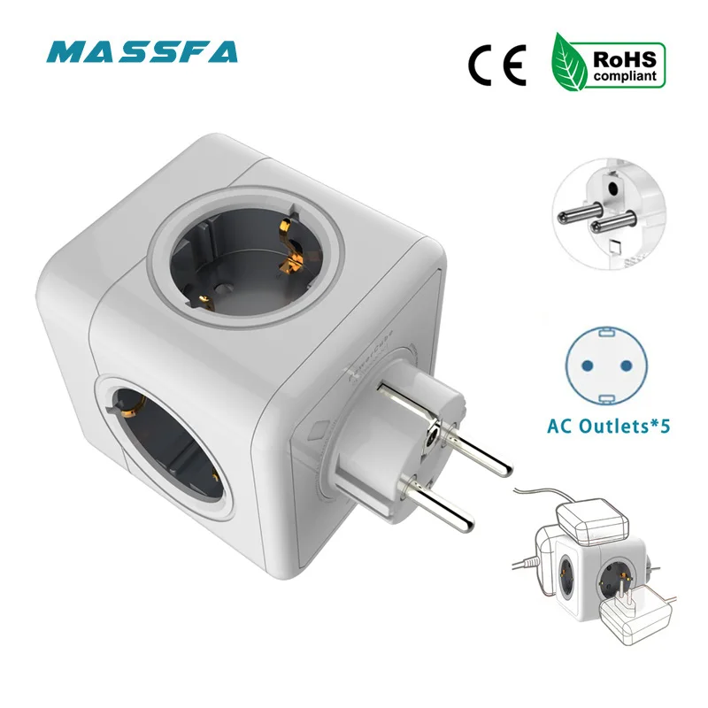 MassFA Multi USB Power Strip Electrical Plug Cube viacero predĺžených zásuviek so 4 zásuvkami EÚ 3680W Adaptér pre domácu kanceláriu