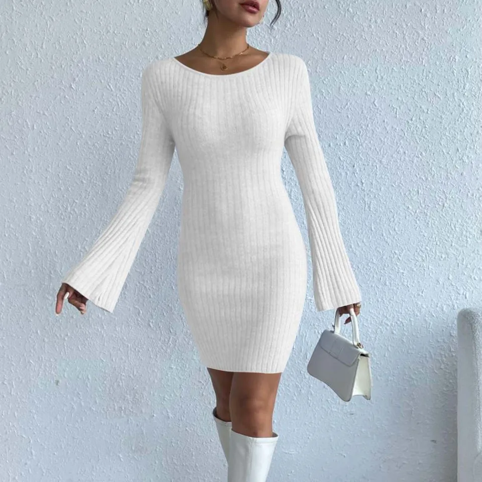 Mastná farba vysokokvalitné pletené šaty pre ženy pre ženy jesenná zima 2023 Elegantný s dlhým rukávom Bodycon Casual Mini Šaty