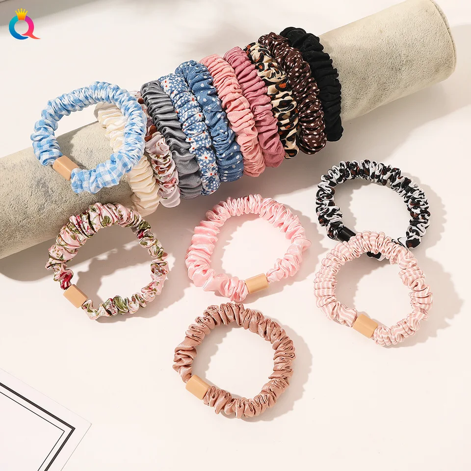 Masívna farba Dievčatá Dievčatá Small Fold Scrunchie Leopard Elastické vlasové pásky Kóre