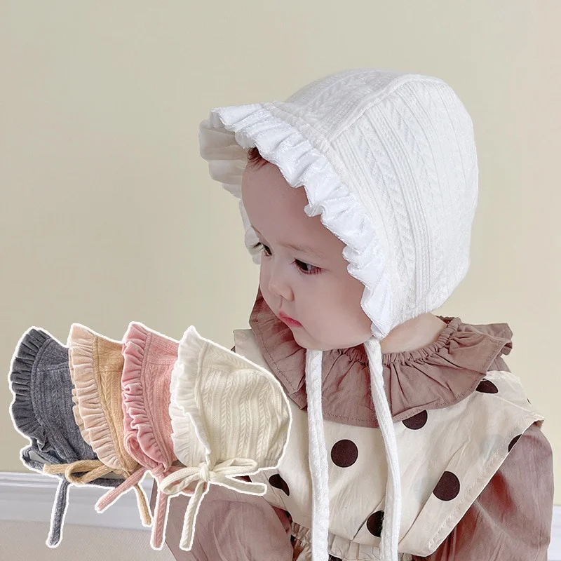 Masívna farba Rufle Baby Princess Hat Spring Jeseň Warm Girl Novorodenecká kapina Lace Lace Soft Dojčenské rybárske čiapky
