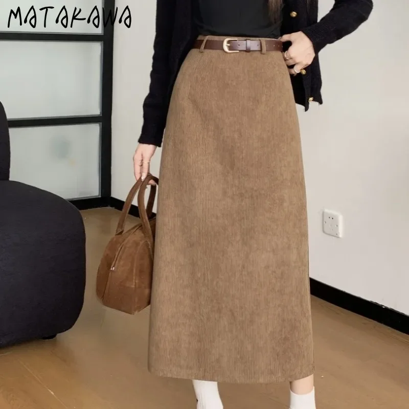 Matakawa Corduroy dlhé sukne jesenná zimná zima Solid A-line vintage faldas majer kórejský módny módny vysoký pás Simple Women Sukňa