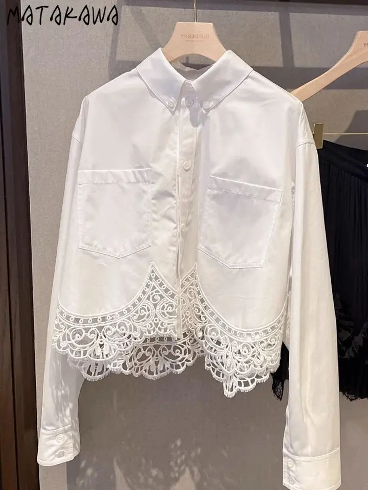 Matakawa Lace Patchwork Dámske košele a blúzky Slidné biele kórejské módne elegantné Blusas Mujer Spring Autumn Sweet Camisas