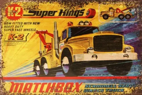 Matchbox Truck Superkings Reklama vintage retro v štýle kovová značka, garáž s jaskyňami