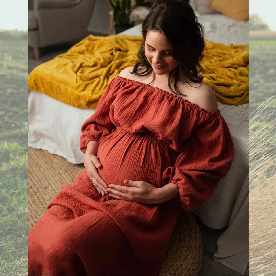 Materská fotografia župan pohodlie bohémske šaty boho štýl pre bábätká šaty bielizeň bavlna jedno rameno pre tehotné ženy