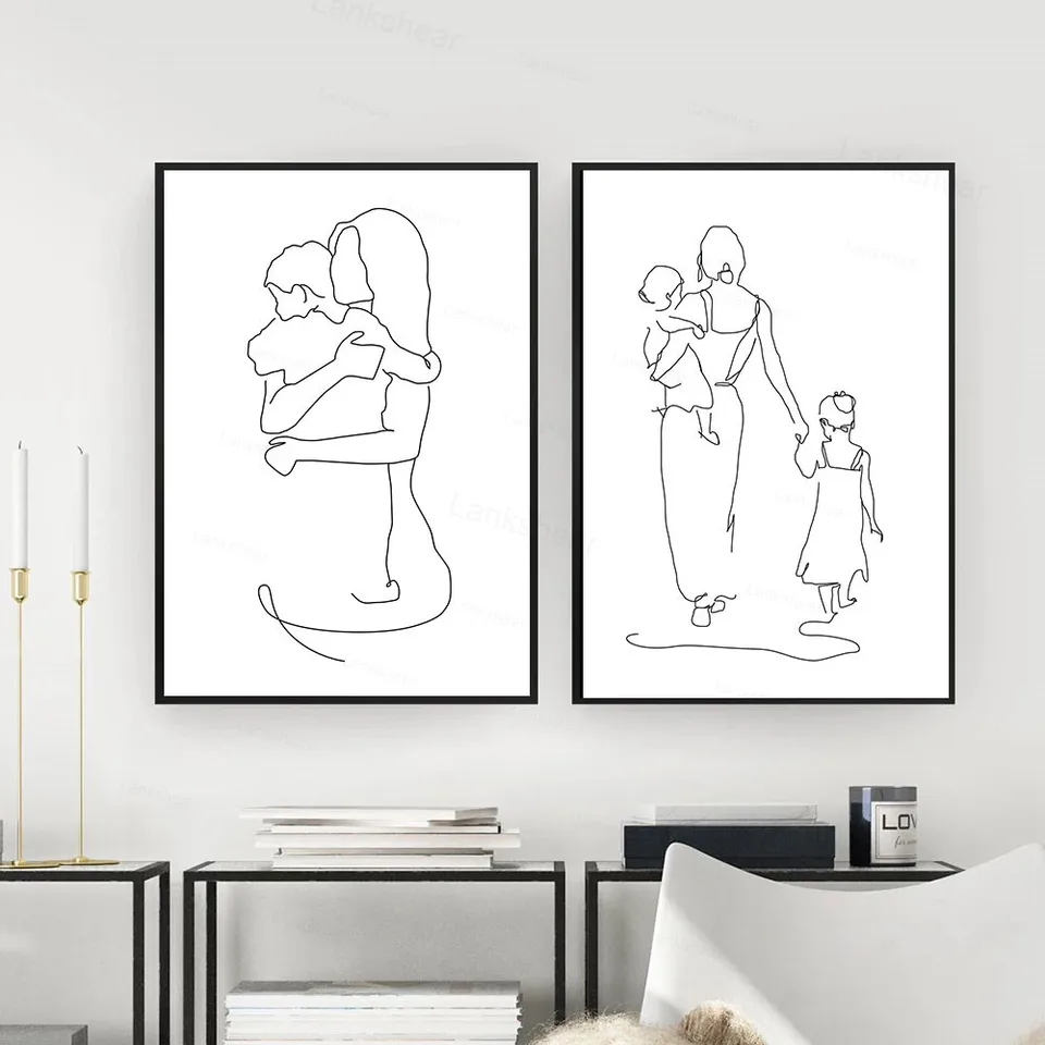 Matka a dcéra syn Art Line Drawing Plagáty Abstraktné minimalistické nástenné umenie plátno tlače maľba moder dekoratívne obrázky