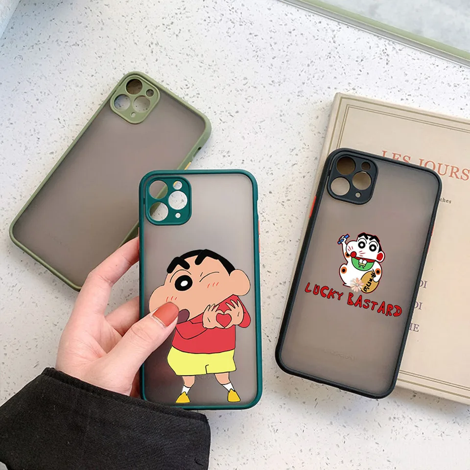 Matný priesvitný puzdro pre telefón pre iPhone 16 15 14 Pro Max 7 8 Plus 11 12 13 Mini x xsmax Crayon Moon Cute Shin_chan Black Cover