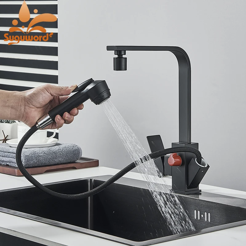 Matný čierny kuchynský umývadlo kohútik s vytiahnutím rukou rotácie 2 Funkčný výtok studenej horúcej vody Mixer Washbasin Tap
