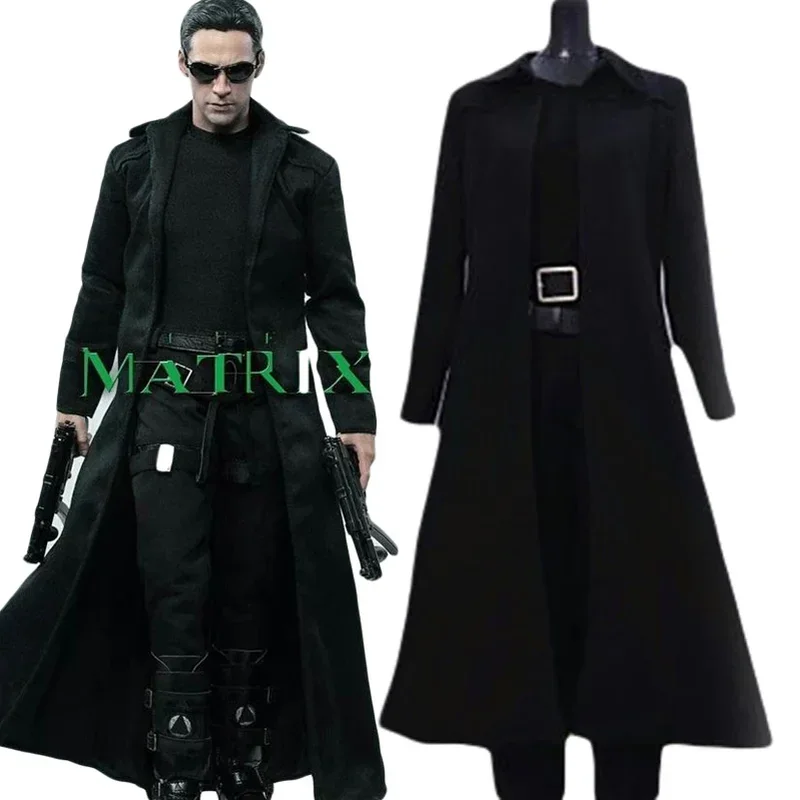 Matrix Neo Cosplay kostým čierny zákopový kabát na mieru vyrobená broskyňová kepina tkanina