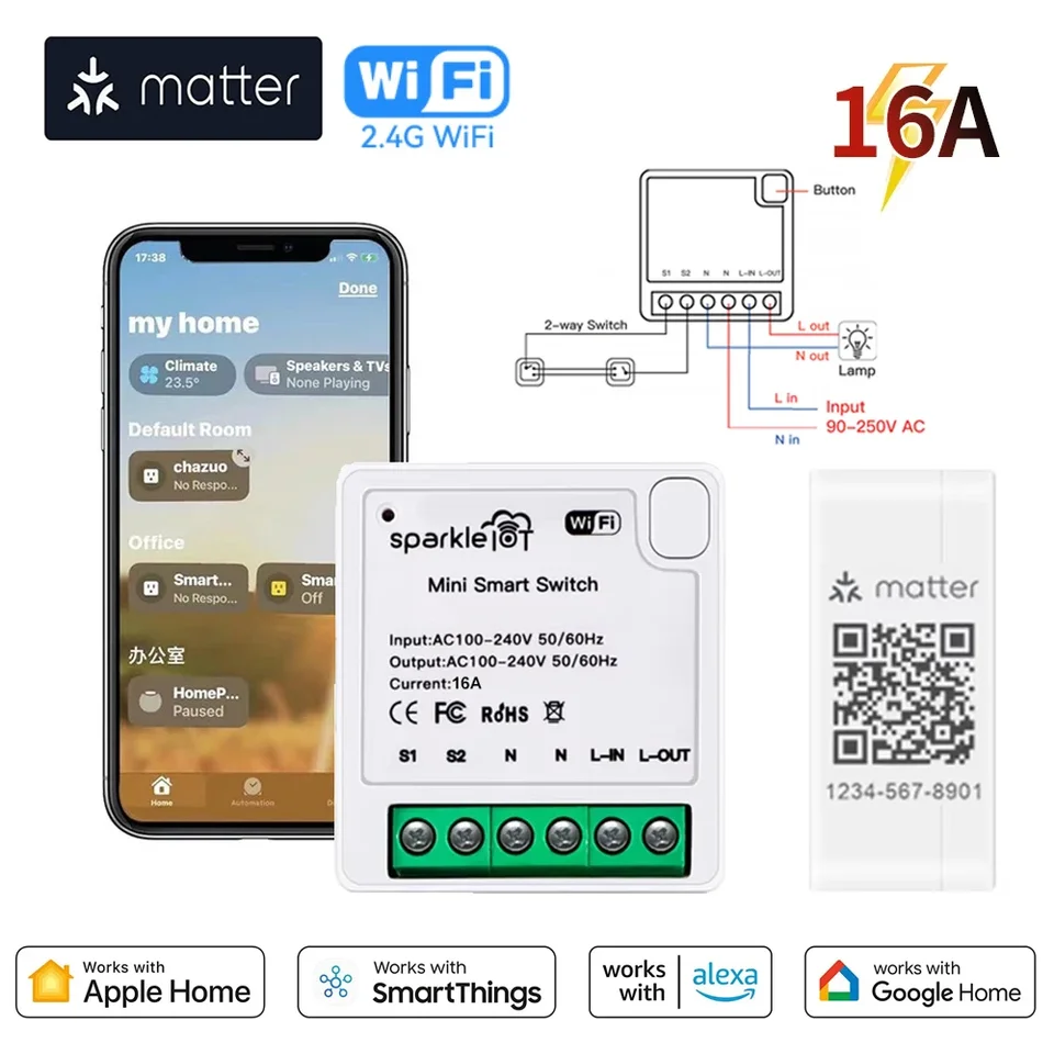 Matter Smart Switch 16a mini wifi reléový modul DIY bezdrôtové prepínač Home Automation Funguje s HomeKit Alexa Google Home