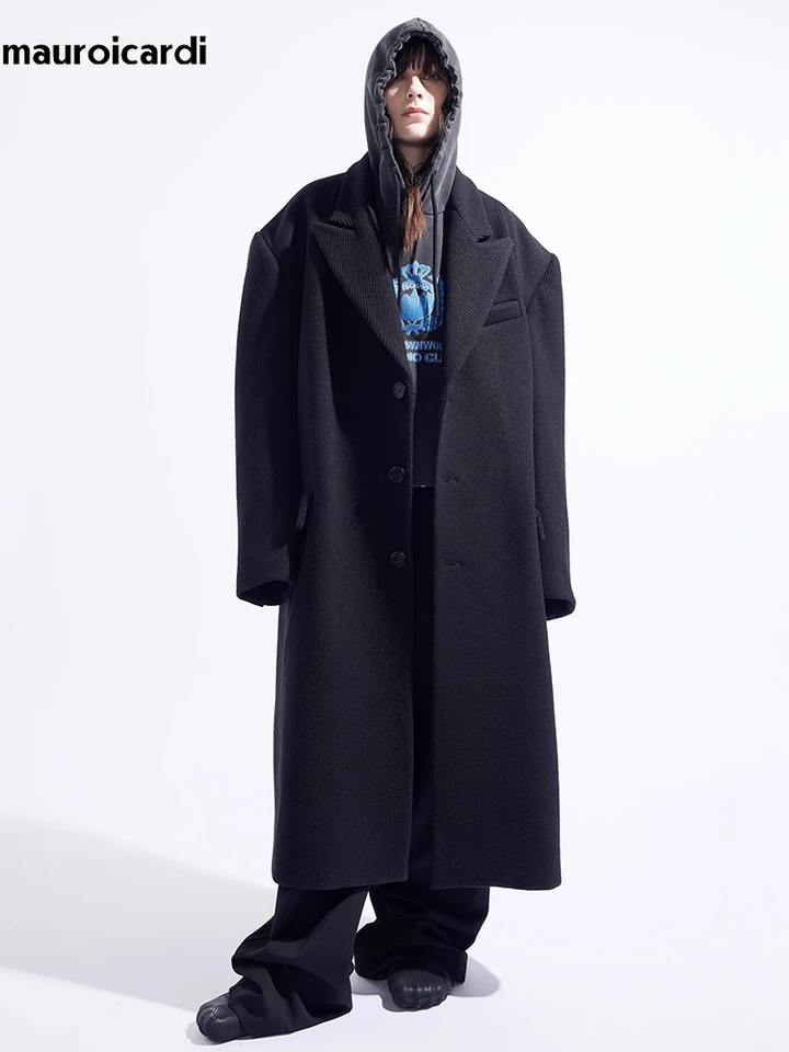 Mauroicardi Autumn Winter Cool Cool Presnaté dlhé teplé čierne vlnené kabáty Men Luxusné dizajnérske šaty Zmesi vlna Zmesi kabáty 2024